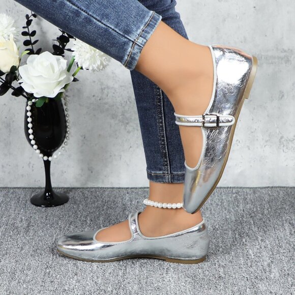 Silver Cushioned Insole Classic Mary Jane Ballet Flat Adjustable Ankle Strap - Picture 3 of 11